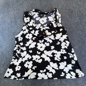 Fred David Blouse Top Women 3X Black White Floral Stretch Sleeveless Ruffle Neck
